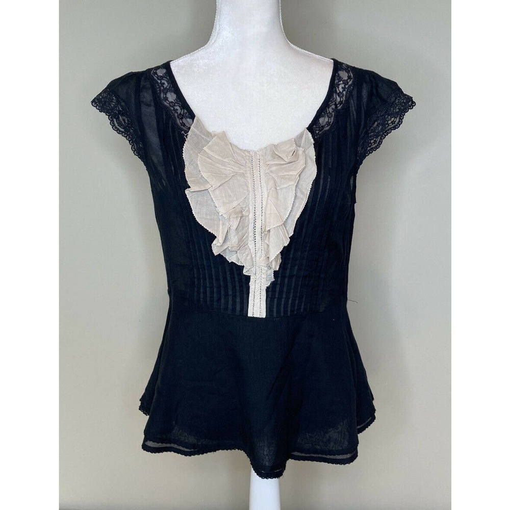 Odille Black Blouse with Cream Ruffle Front